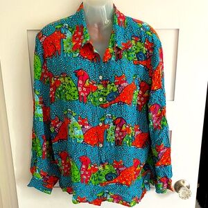 Nicole Taylor Beaded 100% Silk Cats Dogs Whimsical Long Sleeved Blouse Shirt L